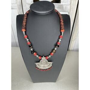 Antique Vintage Rajasthani India Collar Necklace Boho Red Back Woven